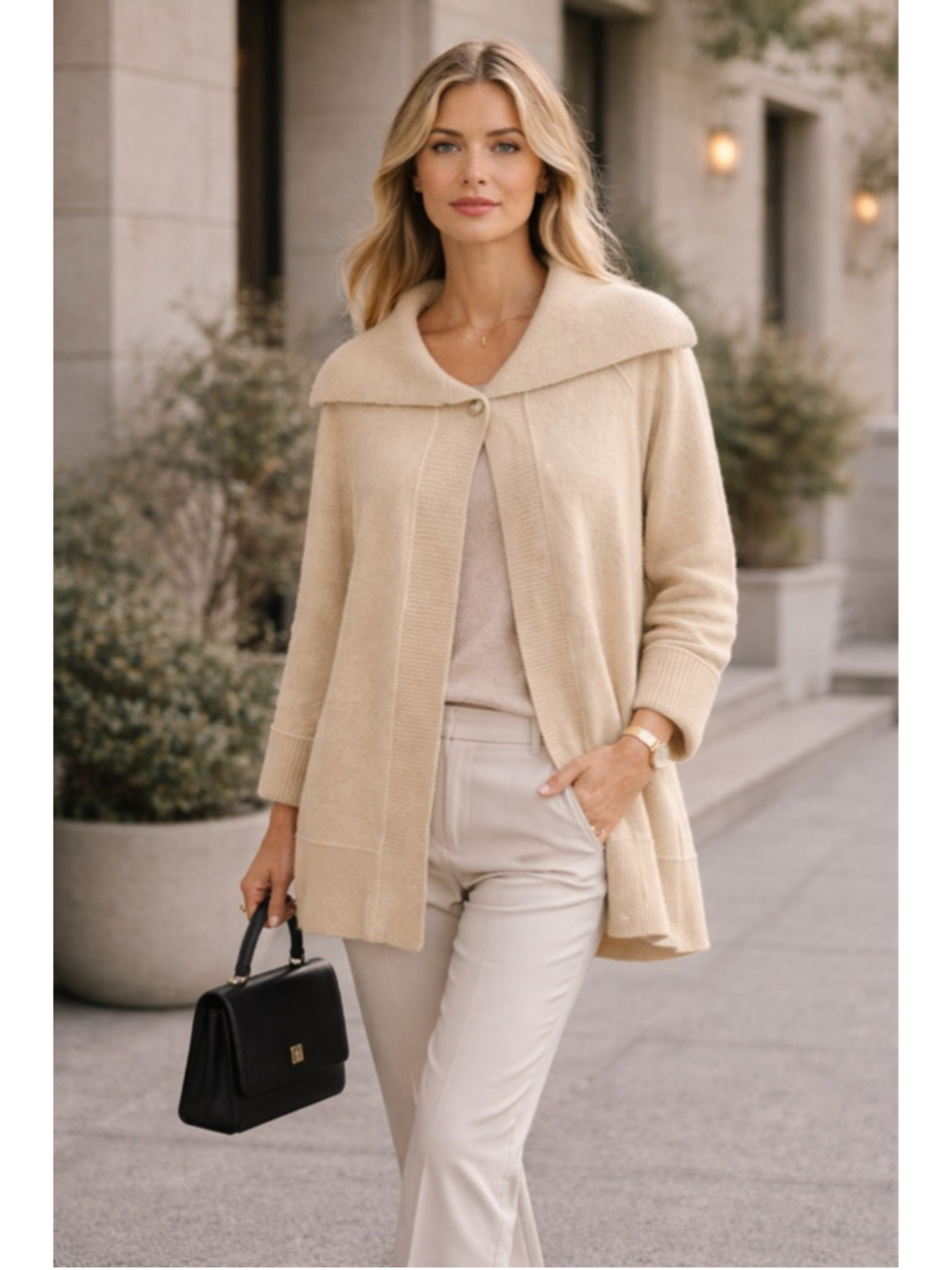 Jones NY Cashmere Cardigan Women M Shawl Collar Luxe Soft Minimal Preppy Beige